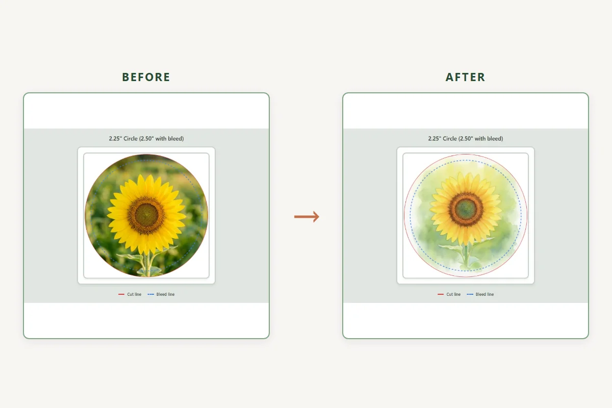 A sunflower photo before style transfer and the same image redrawn as a watercolour