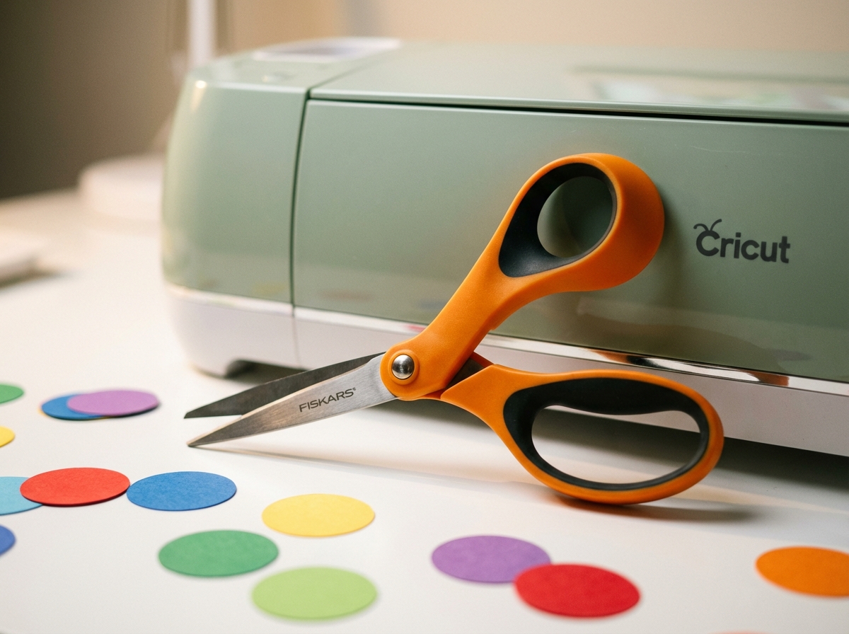 Scissors and Cricut cutting machine with cut paper circles