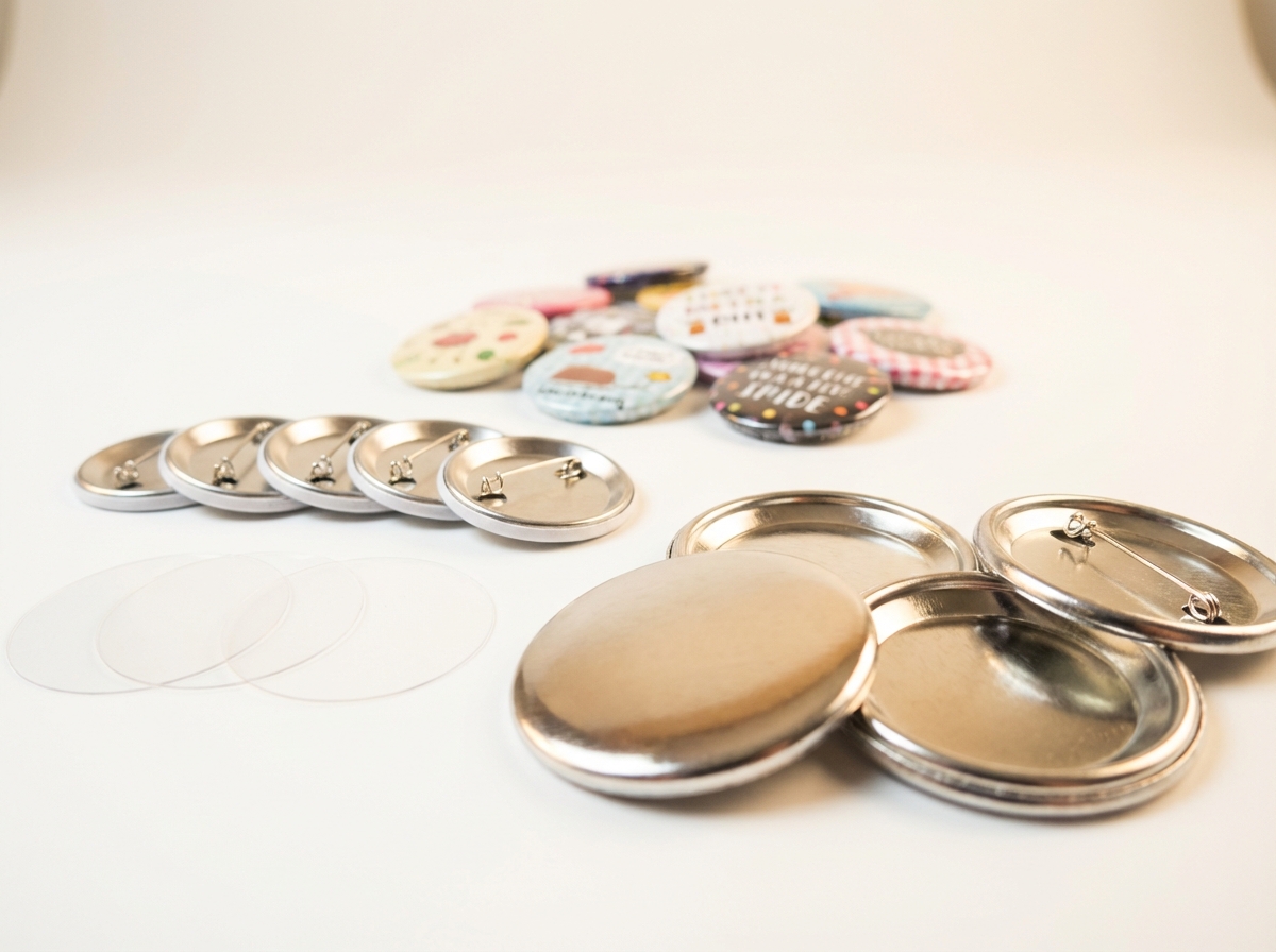 Metal button shells, pin-backs, and mylar covers