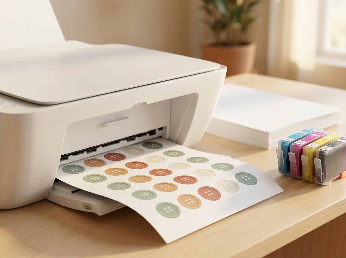 Printer with printed button design sheet and ink cartridges