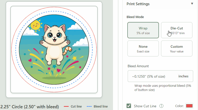 Automatic bleed calculation showing the bleed ring visualization