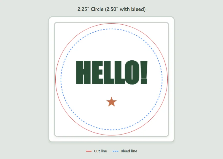 A button design showing the red cut line and dashed bleed line ready for printing