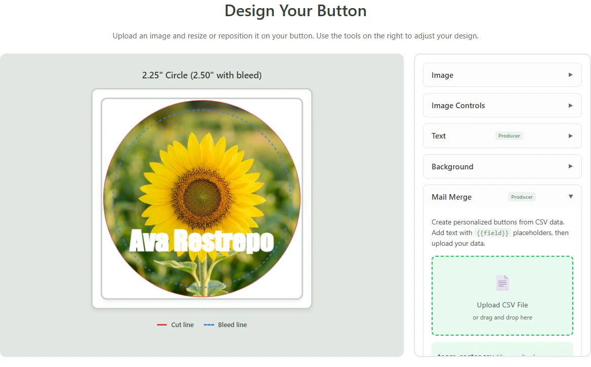 A button previewing a name merged from an uploaded CSV roster