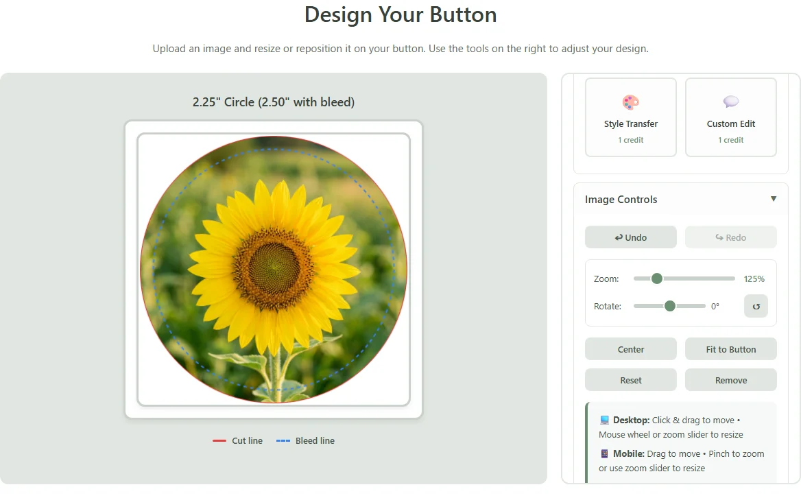 The design canvas with safe and bleed guides beside the zoom and rotate controls