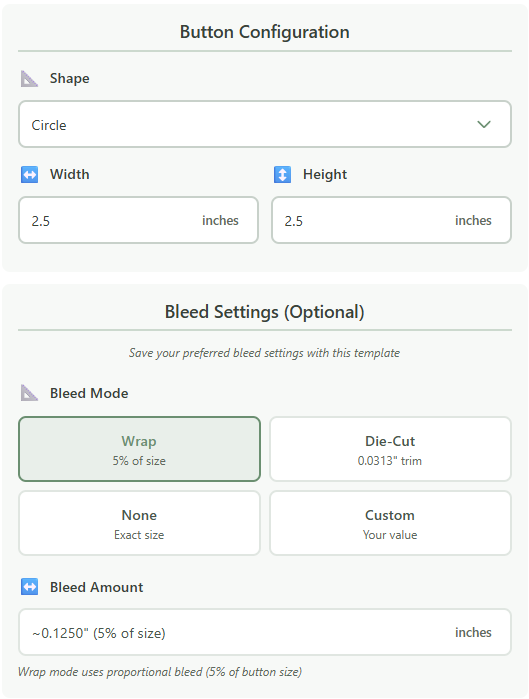 All available button sizes and shapes
