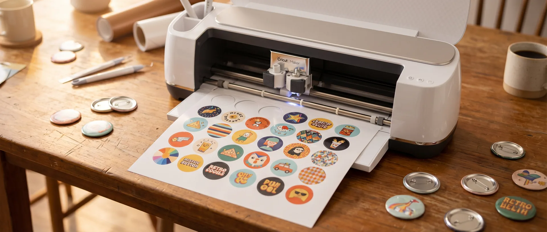 Button templates being cut on a Cricut machine