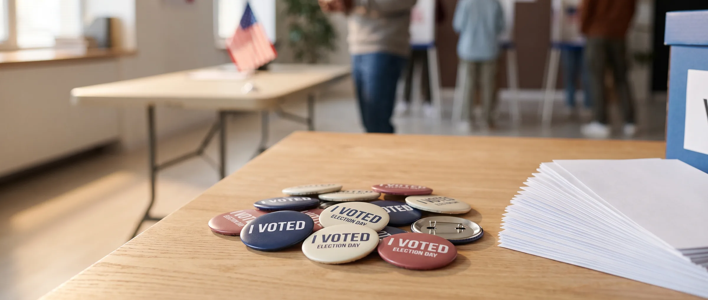 I Voted election buttons on a polling place table