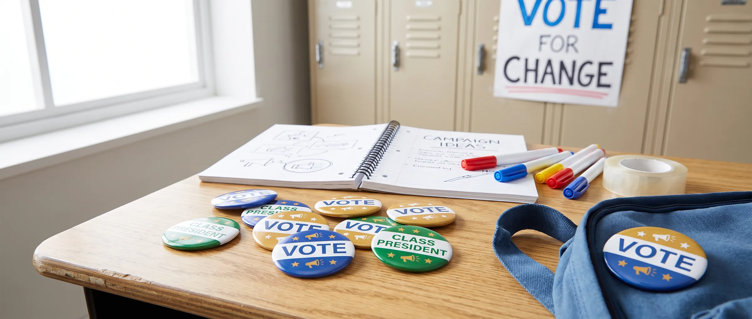 Student council campaign buttons on a school desk