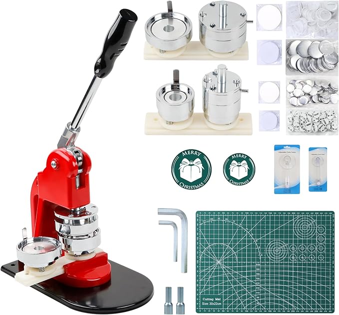 Happizza metal button maker machine with 1.25 and 2.25 inch molds, parts, circle cutter, and cutting mat