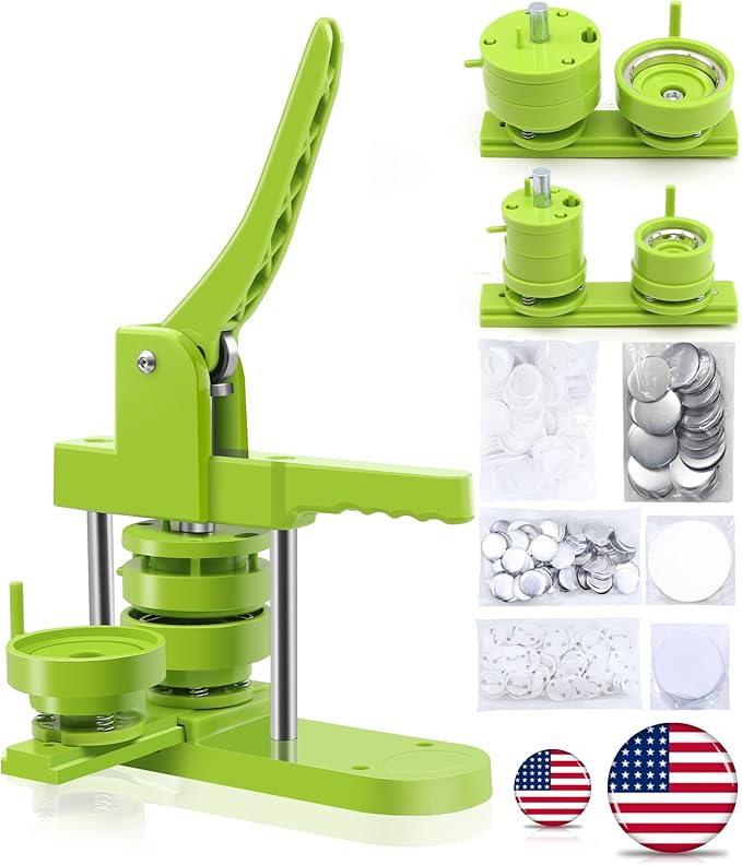 Happizza multi-size button maker machine with 1.25 and 2.25 inch molds, parts, and circle cutter