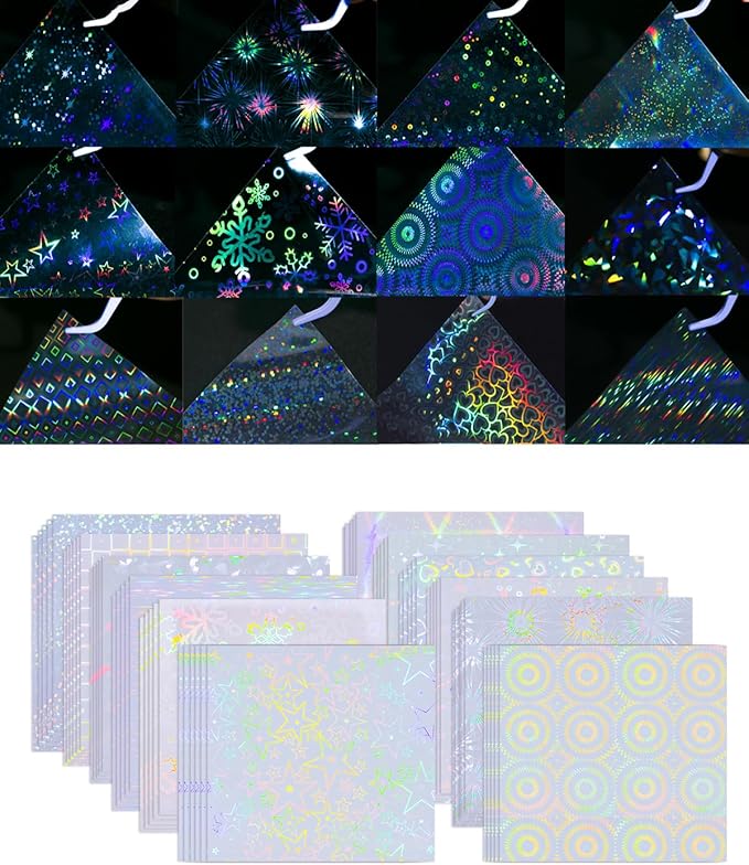 YBUTVY holographic sparkle mylar sheets for button making, 200 pieces in 12 styles