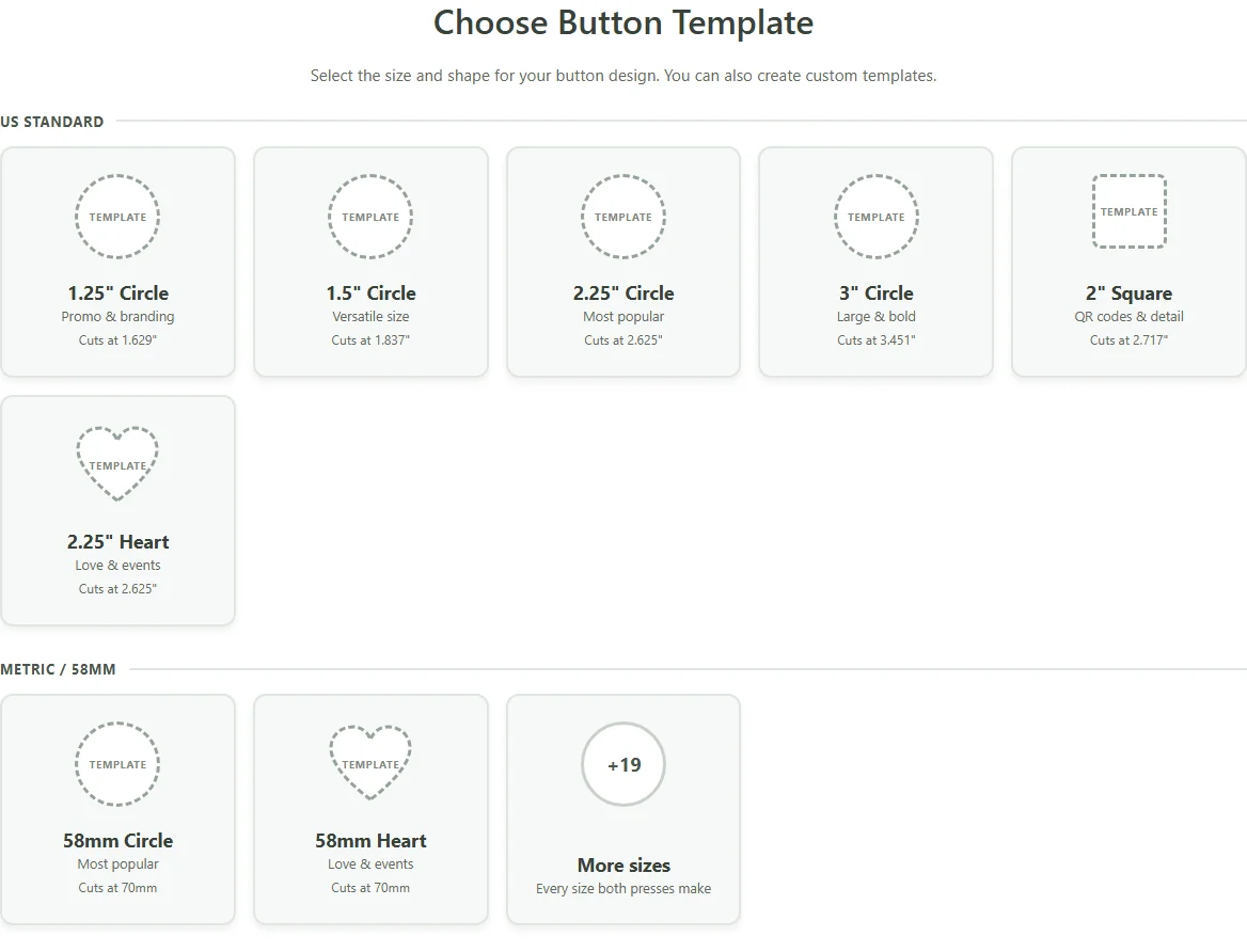 Choosing a button size: US standard and metric presses grouped separately, each size showing the diameter it cuts at