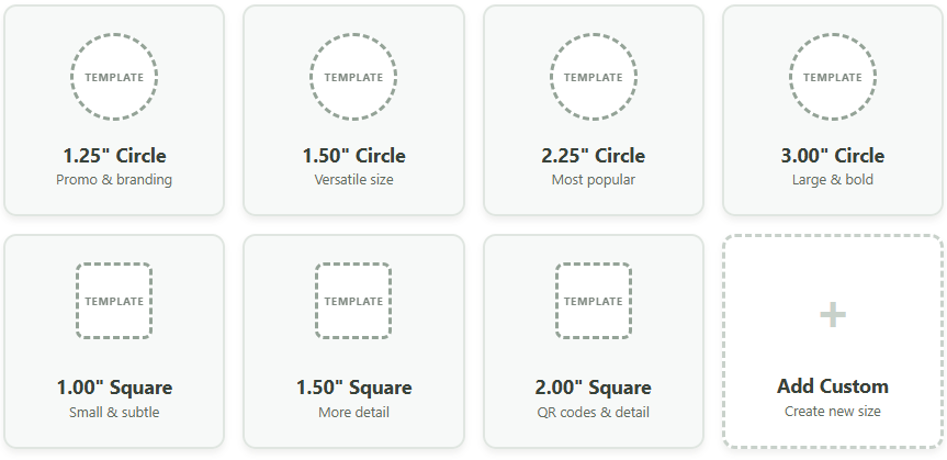 Button size selection interface showing standard circle and square sizes