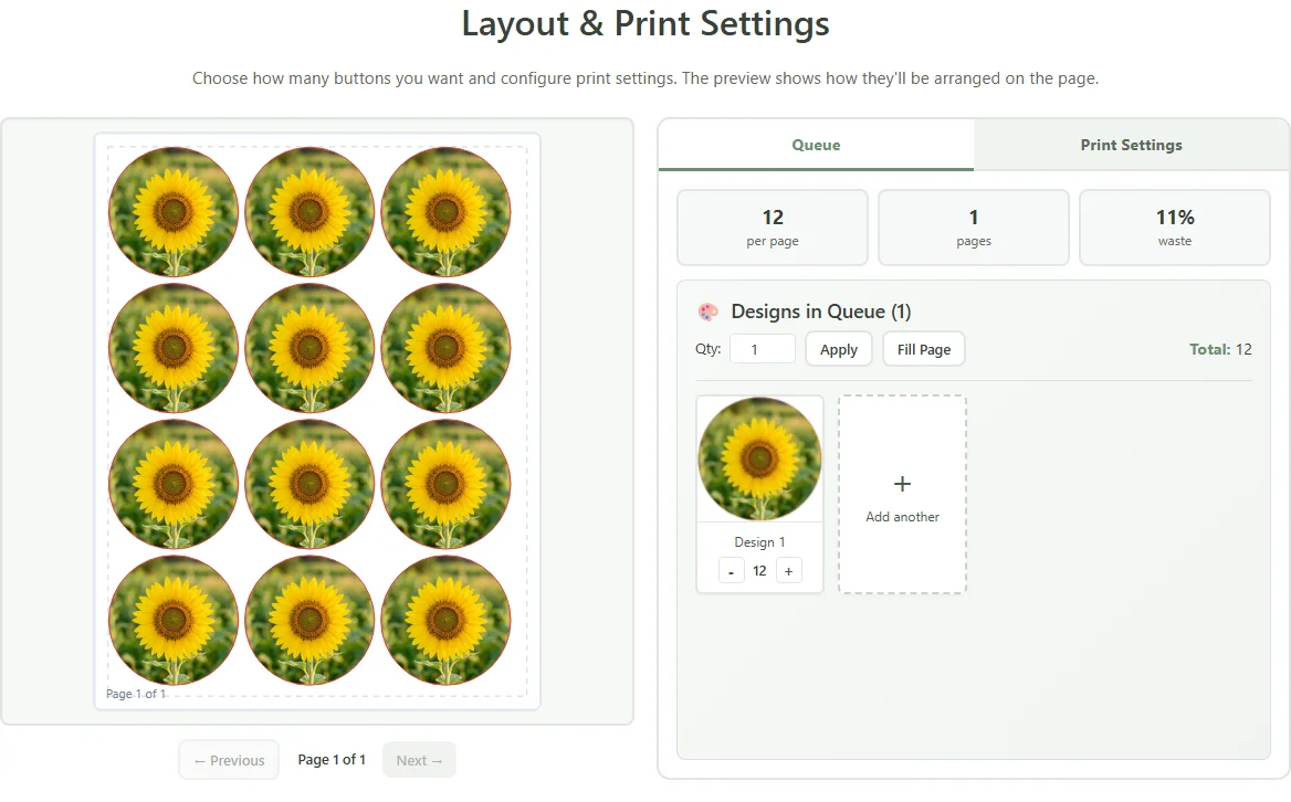 A full letter sheet of buttons laid out automatically in the page preview