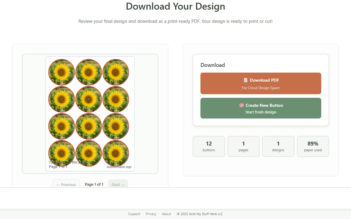 The final print preview with the Download PDF button and paper-usage stats