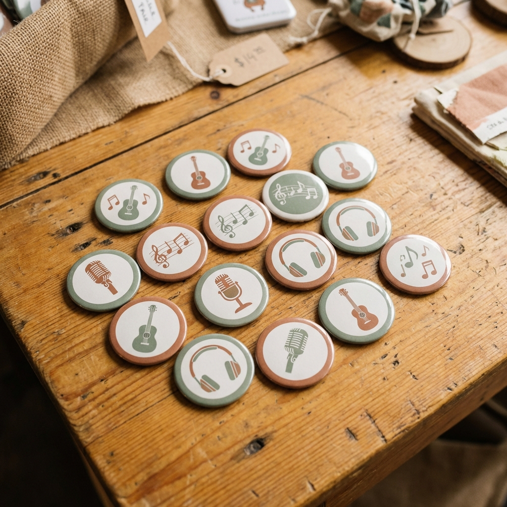 Band merch buttons on a wooden table