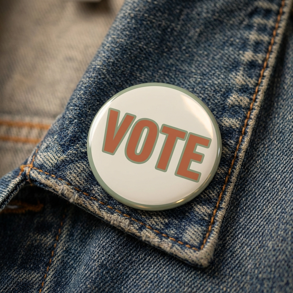 VOTE button on denim jacket