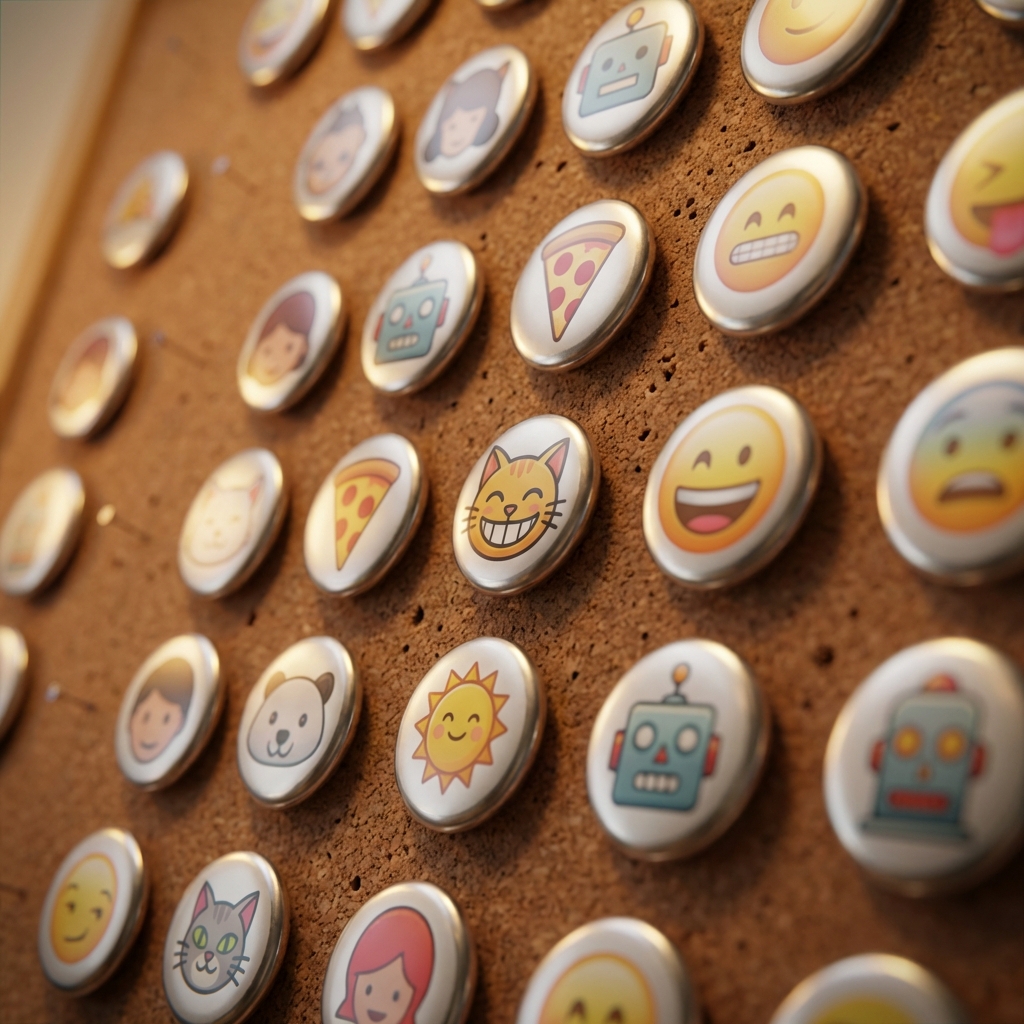 Tiny collectible emoji and character pins on cork board