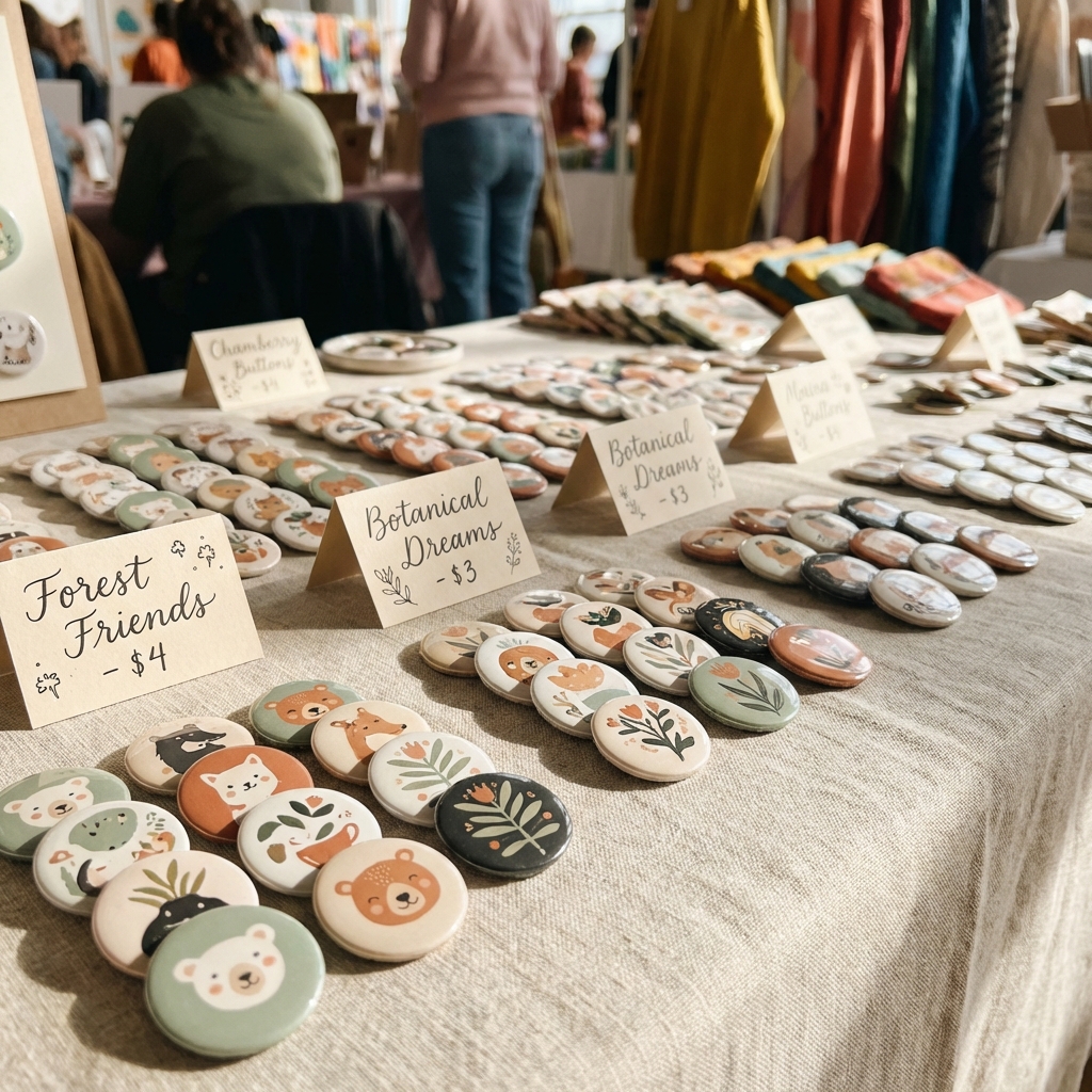 Colorful illustrated buttons at craft fair booth