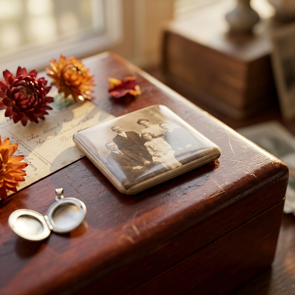 Family photo square button on wooden memory box