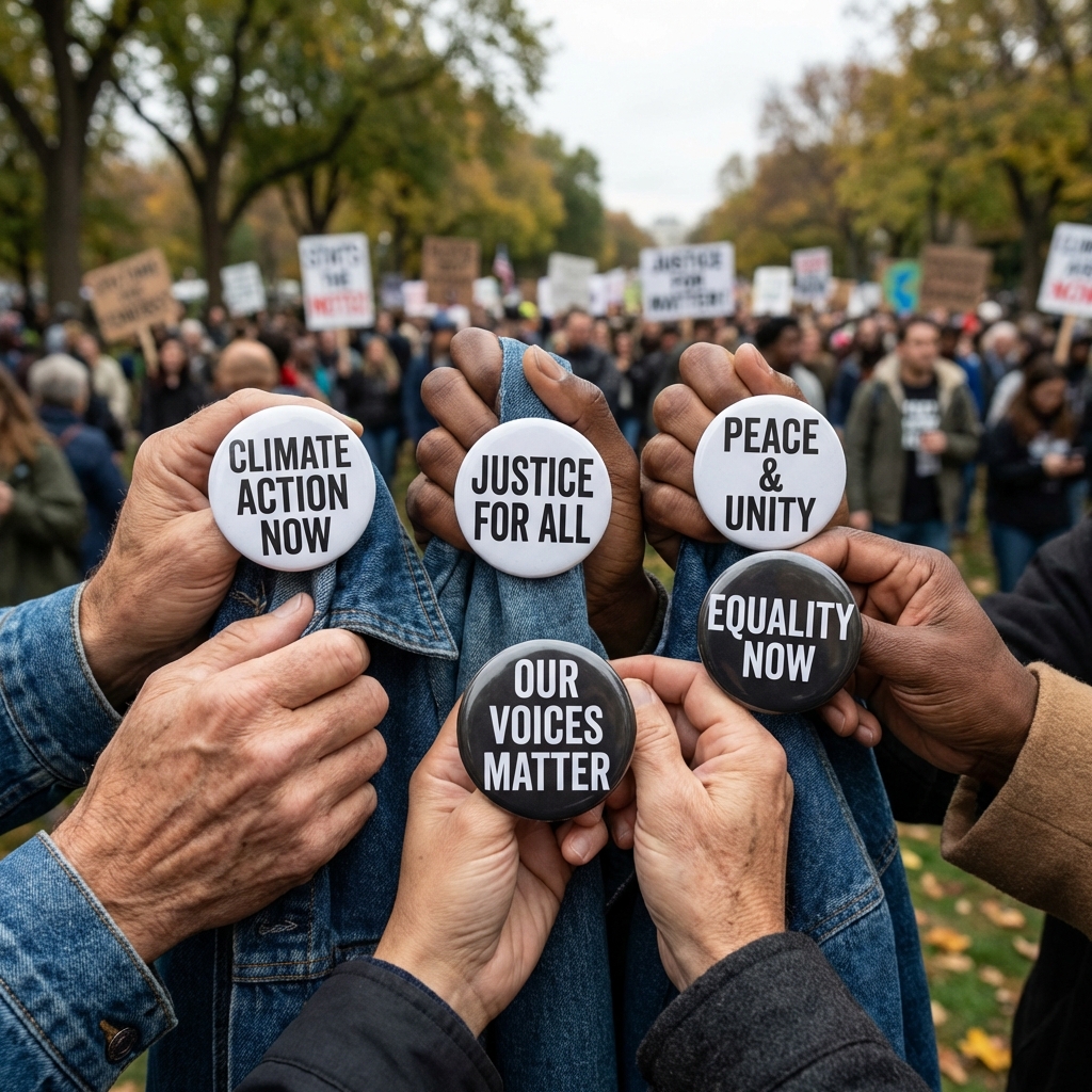 3 inch protest and rally buttons held up at demonstration