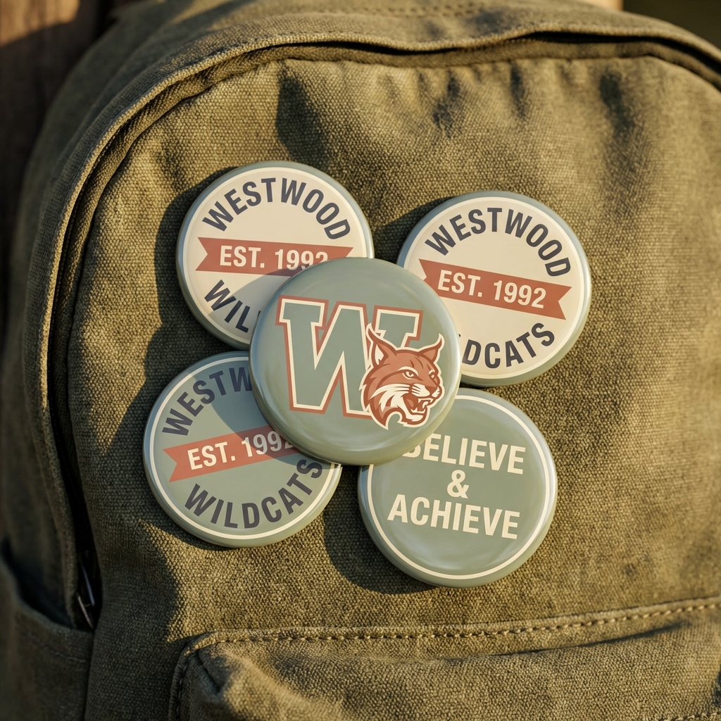 School spirit buttons on a backpack
