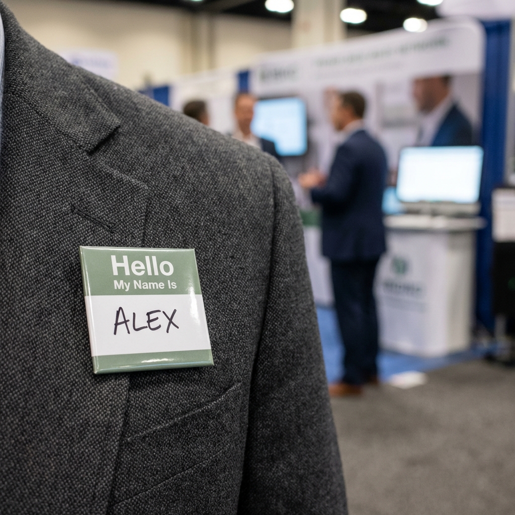 Name badge button on blazer at conference
