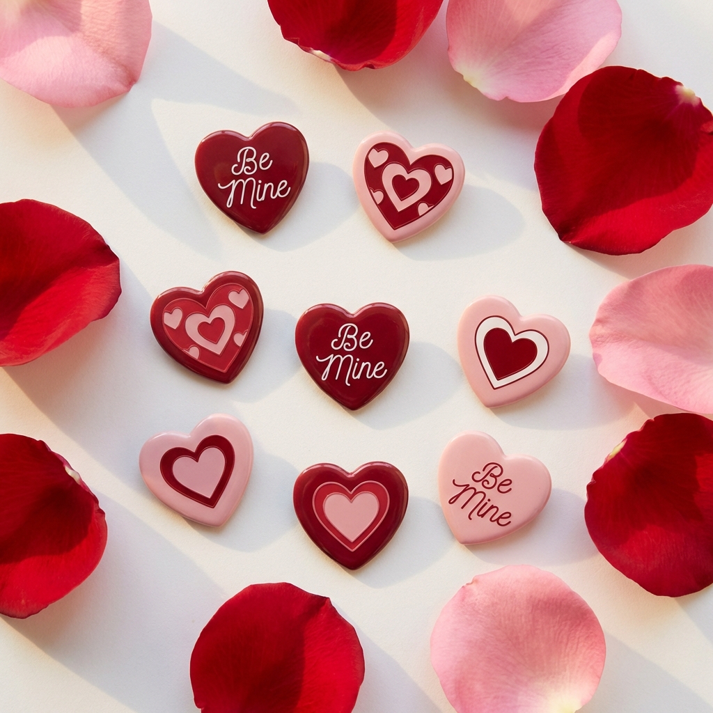 Red and pink Be Mine heart buttons with rose petals